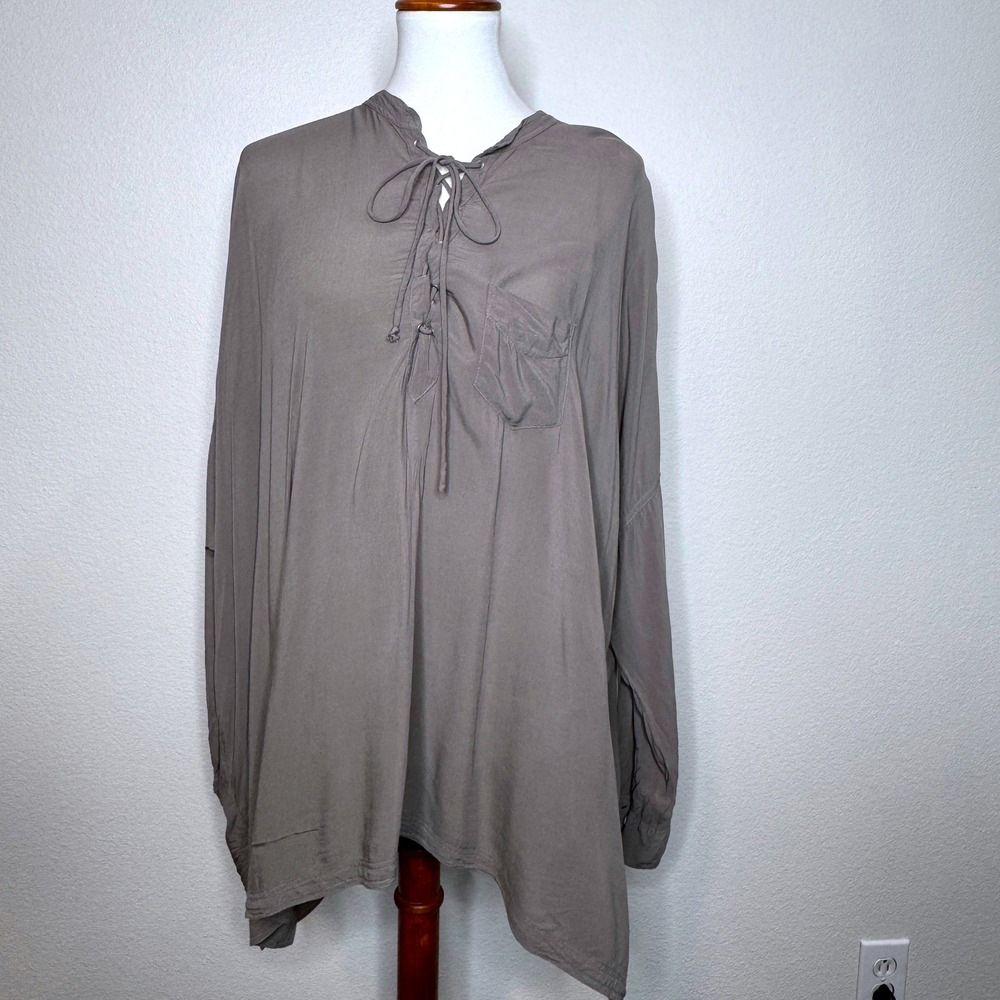PETE & GRETA Tunic Top SMALL Taupe Oversized Tie Front Roll Tab Sleeve Boho Poet